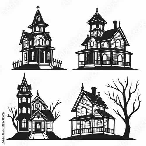 A set of four haunted houses with trees Vector