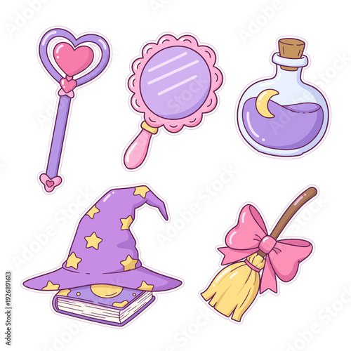 Magic Witch Tool Sticker Set Featuring Magic Wand Mirror Potion Bottle Witch Hat and Broomstick Fantasy Wizardry Elements Vector Illustration