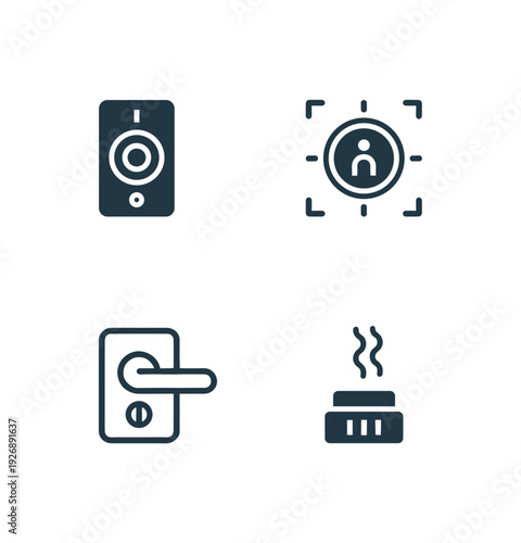 Smart Home Security and Control Icon Set Featuring Door Lock Face Recognition Sensor and Modern Technology Elements for Digital Interface Design