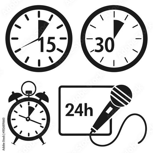 A collection of clocks and a microphone with 24h note Vector