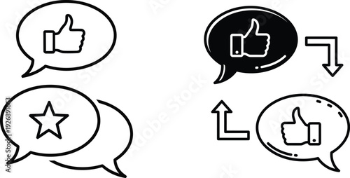 Social media engagement icons with thumbs up and star ratings