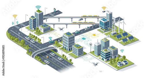 Smart city concept showcasing interconnected infrastructure and technology.