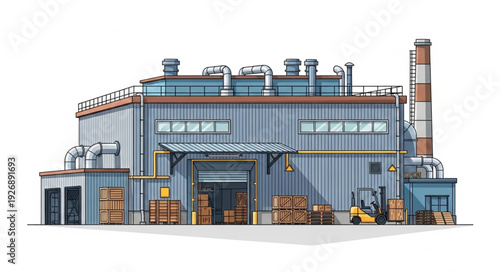 Industrial warehouse building with loading dock and chimney, ready for business operations.