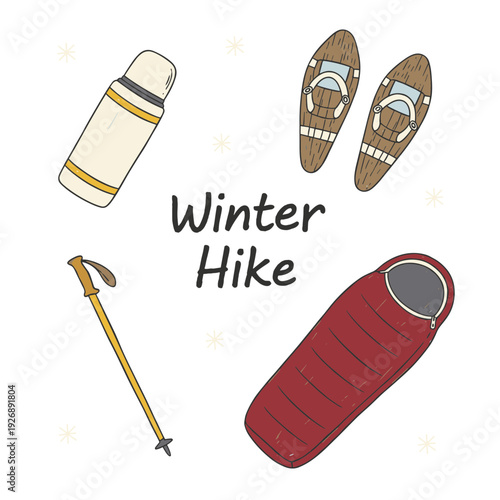 Winter hiking equipment collection featuring thermos snowshoes trekking pole and sleeping bag for cold weather outdoor adventure and camping trip