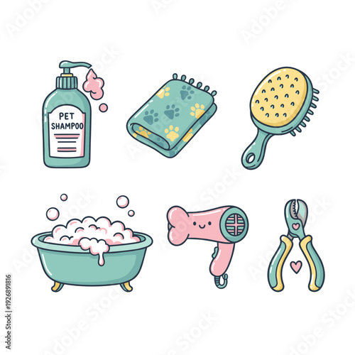 Pet grooming tools and accessories set featuring shampoo towel brush bathtub hair dryer and nail clippers for domestic animal hygiene and care