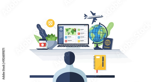 Person planning travel on laptop with globe and airplane.