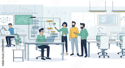 Team of professionals collaborating on project in modern office environment.