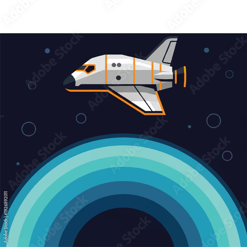 Sleek Space Shuttle Cruising Above a Stylized Blue Planet Depicting Cosmic Exploration and Scientific Discovery Concept