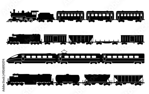 Black train silhouette set,cargo wagons silhouette,rail car,passenger train vector illustration set