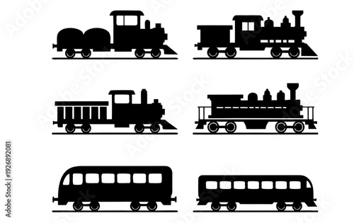 Black train silhouette set,cargo wagons silhouette,rail car,passenger train vector illustration set