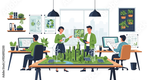 Team of professionals discussing sustainable city model.