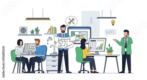 Team Collaboration on Architectural Design in a Modern Office Setting.