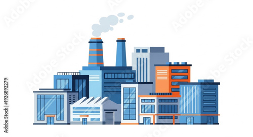 Industrial complex with multiple buildings and smokestacks emitting pollution into the atmosphere.