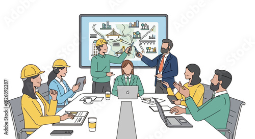 Team of professionals in a business meeting discussing a project plan.