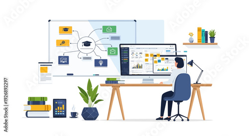Person working at desk with computer and mind map on whiteboard.