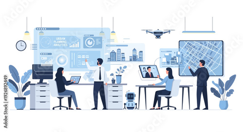 Team Collaborating in Modern Office with Advanced Technology.