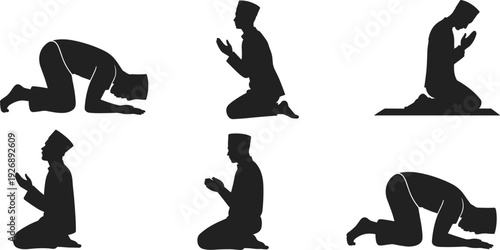 Silhouettes of people performing Islamic prayer in various positions on a white background prayer positions