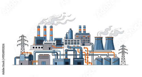 Industrial complex illustration depicting power plant and infrastructure with smoke.