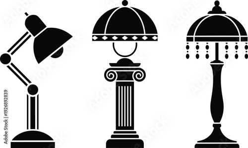 Three black and white lamp including desk lamp, classical column lamp, and chandelier-style lamp classical lamp
