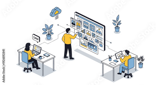 Team collaborating on digital content management system.