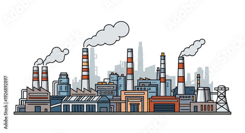 Industrial complex illustration depicting factories with smoke stacks and pollution in the air.