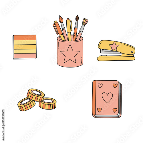 School and Office Stationery Set with Colorful Pens Pencils Notebook Stapler and Washi Tape in Hand Drawn Cute Kawaii Doodle Illustration