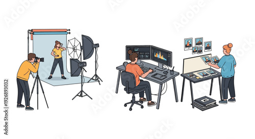 Photography studio setup and post-production workflow illustration.