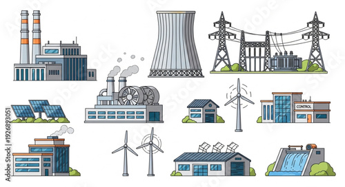 Diverse Energy Production and Power Generation Facilities Illustration.
