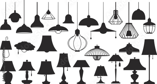 Various black and white hanging and standing lamps with different and shapes hanging lamps