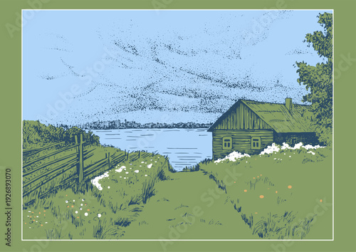A house by the river. A sense of peace and serenity. Pen sketch converted to vector.