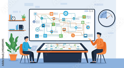 Two people collaborating on a complex digital network diagram displayed on a large screen and a tablet.