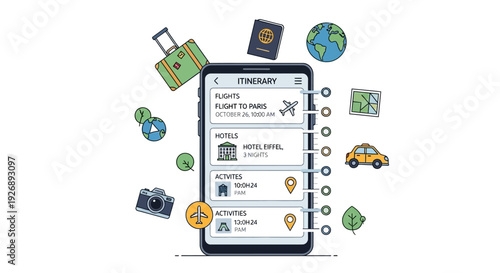 Smartphone Travel App Interface with Travel Icons.