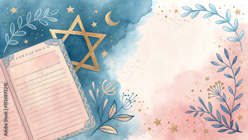 Watercolor prayer book background with Star of David, soft blues and golds, serene spiritual worship backdrop with copy space