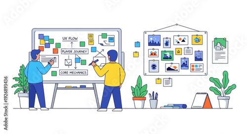 Two people collaborating on a whiteboard and mood board.