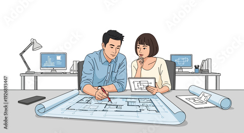 Two people collaborating on architectural blueprints.