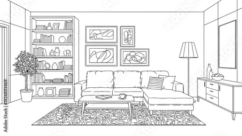 Cozy living room line drawing features a sofa, coffee table with a book and mug, abstract wall art, bookshelf, lamp, and sideboard on a patterned rug.