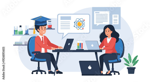 Students learning online with laptops and graduation cap.