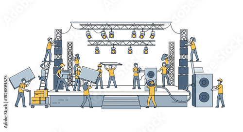 Stage Construction Crew Assembling Concert Platform.