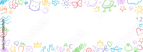 Cute children doodle border with hand drawing crayon elements. Playful kindergarten sketch, school wax art  frame surrounding white copy space background.