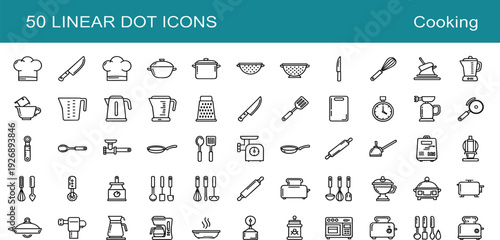 50 Linear Dot Cooking Icon Set Featuring Kitchen Appliances, Utensils, and Culinary Tools for Web Design, Apps, Menu Graphics, and Restaurant Branding