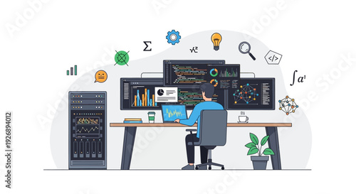 Programmer working on multiple computer screens in a modern office setting.