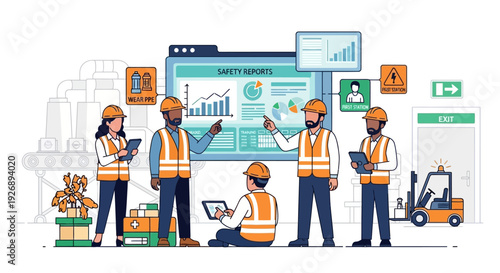 Team of workers analyzing data on a large screen.