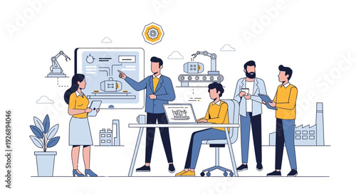 Team collaborating on industrial project presentation.