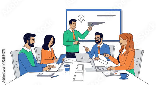 Team members collaborating during a business meeting with presentation.