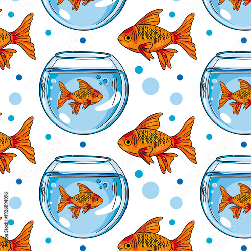 Cute vector seamless repeat patten design of  a pet goldfish in bowl and fish swimming, hand-drawn illustration in cartoon style