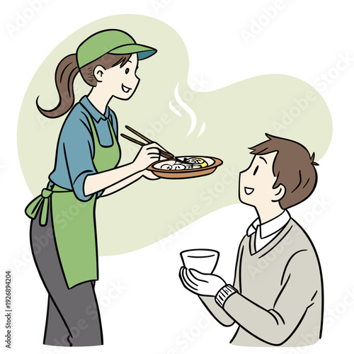 A waitress serving food to a customer Vector