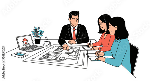 Real estate agent discussing house plans with clients.