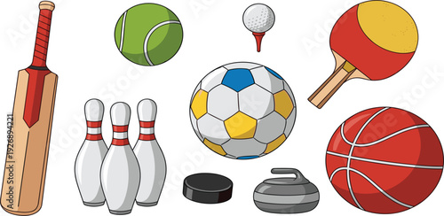 Comprehensive Sports Equipment Vector Set Featuring Soccer Ball Basketball Cricket Bat Bowling Pins Tennis Ball Golf and Table Tennis Gear for Fitness Designs
