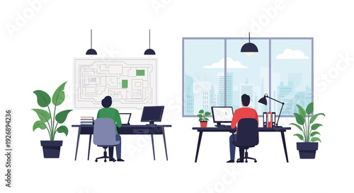 Two people working at desks in an office environment.