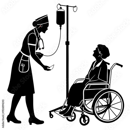 Nurse attending to a patient in a wheelchair with an iv drip Vector